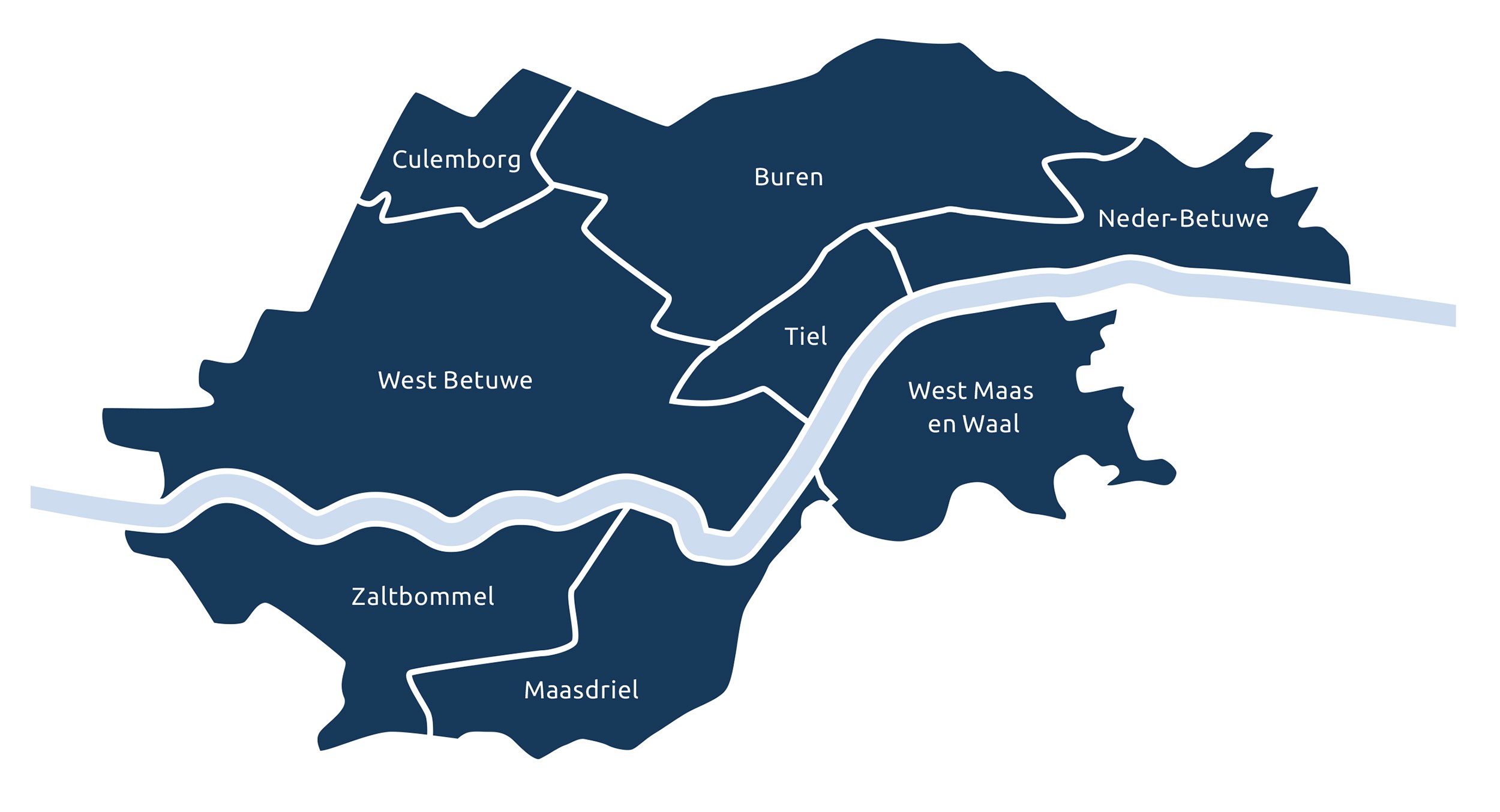 Kaartje met 8 gemeenten Rivierenland