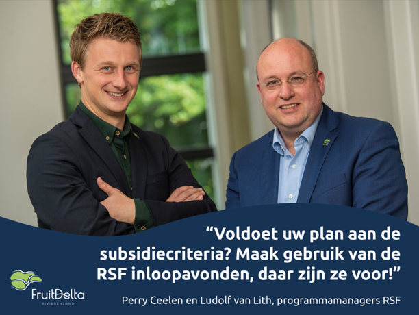 Foto van de twee programmamanagers RSF met een quote die oproept om gebruik te maken van de inloopavonden