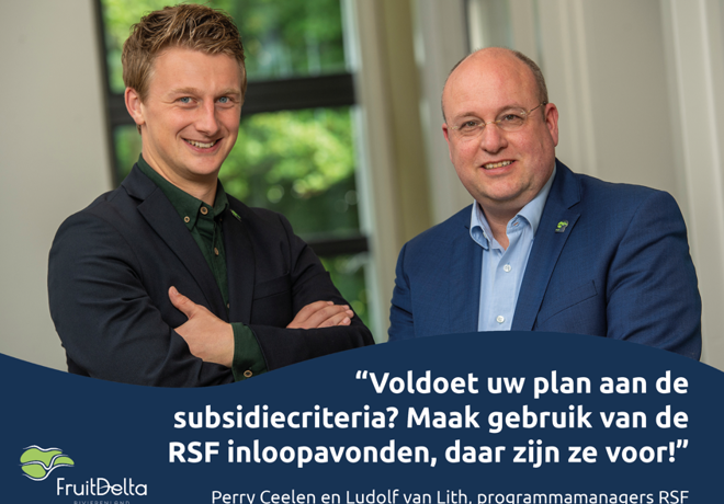 Foto van de twee programmamanagers RSF met een quote die oproept om gebruik te maken van de inloopavonden